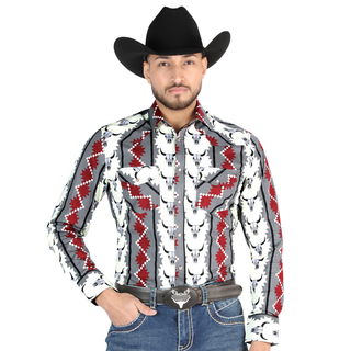El General men’s gray and red bull skull print Western long sleeve shirt – front view