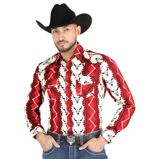 El General men’s off white and red bull skull print Western long sleeve shirt – front view