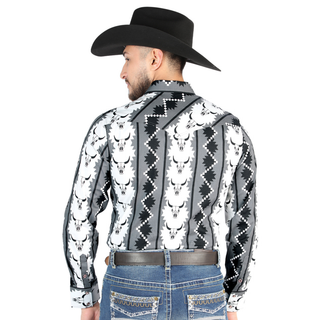 El General men’s gray and black bull skull print Western long sleeve shirt – back view