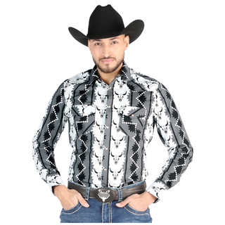 El General men’s gray and black bull skull print Western long sleeve shirt – front view