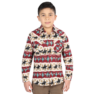 El General long-sleeve Western shirt with Aztec and horse print pattern.