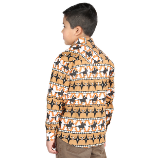 Back view of El General kids’ Taupe plaid Western button-down shirt on young boy