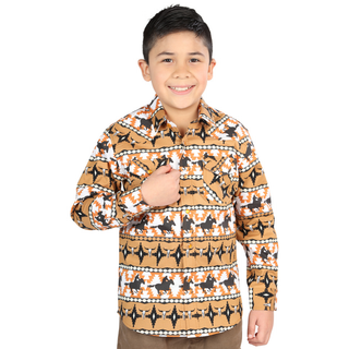 Front view of El General kids’ Taupe plaid Western button-down shirt on young boy