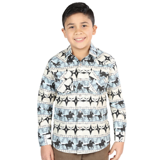 El General boys’  blue horse and aztec print western long sleeve shirt – front view