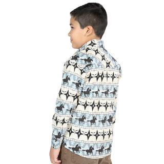 El General boys’  blue horse and aztec print western long sleeve shirt – side profile view