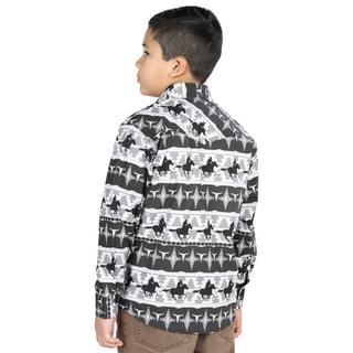 El General boys’ black and white horse and Aztec print western long sleeve shirt – back view 