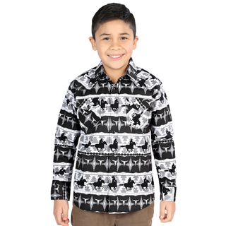 El General boys’ black and white horse and Aztec print western long sleeve shirt – front view