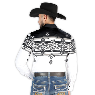 El General men’s white and black Aztec print Western shirt – back view