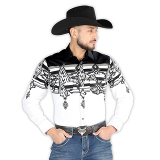 El General men’s white and black Aztec print Western shirt – front view