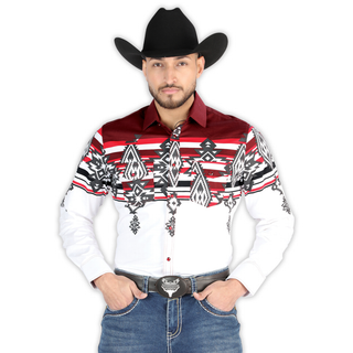 El General men’s burgundy and White Aztec print Western shirt – front view