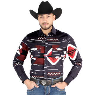 El General men’s burgundy and black Aztec print Western shirt – front view Teal snaps