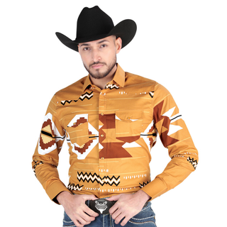 El General men’s Taupe and white Aztec print Western shirt – front view