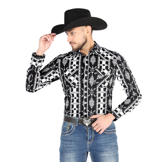 El General men’s Western shirt with black and white Aztec print – front view