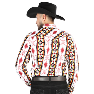 El General men’s Western shirt with red, black, and yellow Aztec print – back view