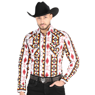 El General men’s Western shirt with red, black, and yellow Aztec print – front view