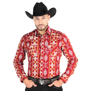 El General men’s Western shirt with red, and white Aztec print – front view