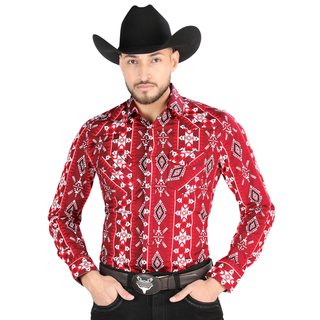 El General men’s Western shirt with red, black, and white Aztec print – front view