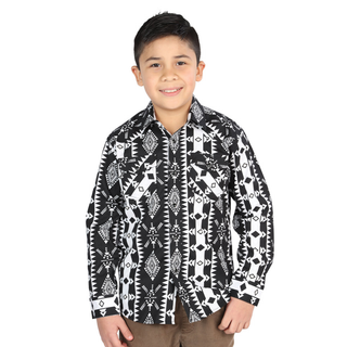 El General boys’ black and gray Aztec print western long sleeve shirt – front view