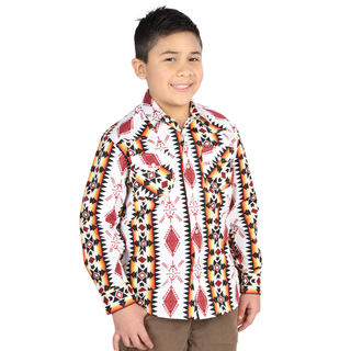 El General boys’ white and red Aztec print western long sleeve shirt – front view