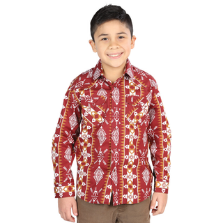 El General boys’ burgundy Aztec print western long sleeve shirt – front view