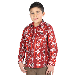 El General boys’ Red and White Aztec print western long sleeve shirt – front view