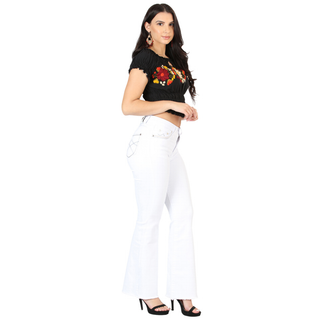 “Centenario Women’s White Bootcut Jeans – front view styled with white embroidered crop top