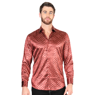 El General men’s metallic burgundy and gold striped Western shirt – front view