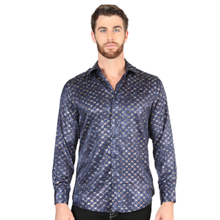 El General men’s metallic navy and gold geometric Western shirt – front view