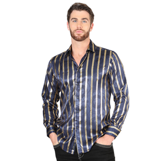 El General men’s metallic navy and gold striped Western shirt – front view
