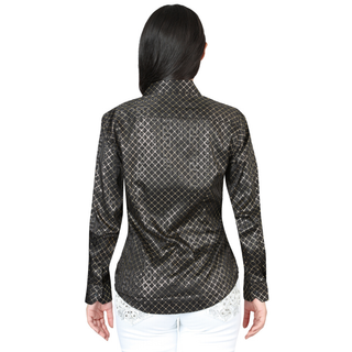 El General women’s black and gold metallic striped Western tie-front shirt – back view