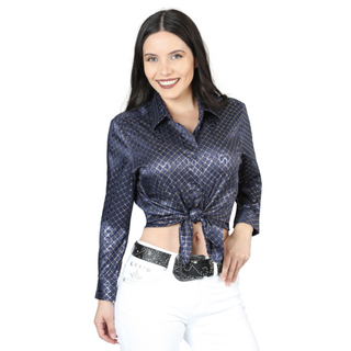 El General women’s Navy and gold metallic striped Western tie-front shirt – front view