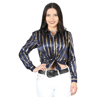 El General women’s black and gold metallic striped Western tie-front shirt – front view