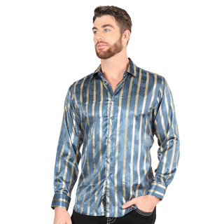 El General men’s metallic Teal and gold striped Western shirt – front view