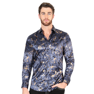 El General men’s navy blue metallic baroque Western shirt – front view