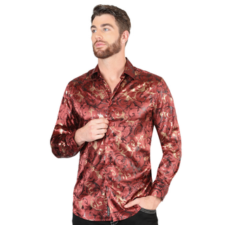 El General men’s burgundy metallic baroque Western shirt – front view