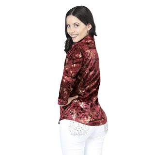 El General women’s burgundy metallic floral Western tie-front shirt – back view