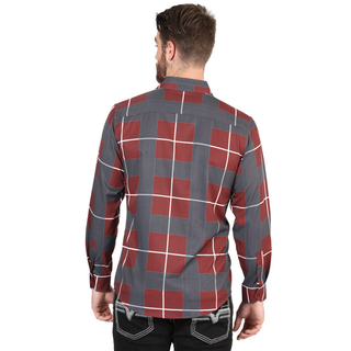 El General Men’s Burgundy and Charcoal Windowpane Long Sleeve Western Shirt- back view