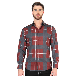 El General Men’s Burgundy and Charcoal Windowpane Long Sleeve Western Shirt