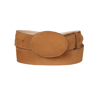 Brown leather belt with a large oval buckle