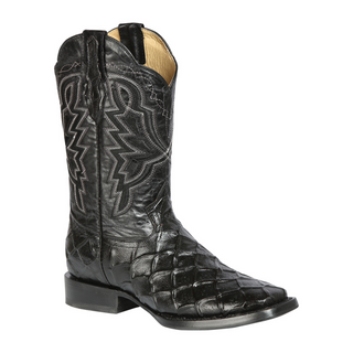 Black cowboy boot with intricate design 