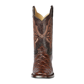 Brown cowboy boot with intricate leatherwork 
