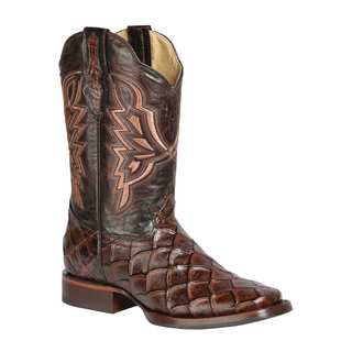 Brown cowboy boot with intricate patterns 