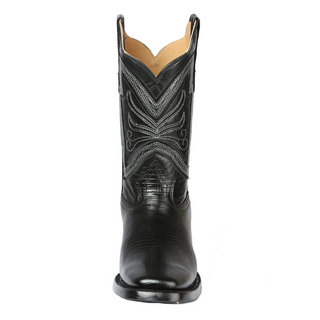 Black cowboy boot with intricate design 