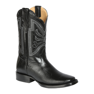 Black cowboy boot with intricate design 