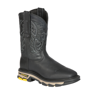 Black work boot with a decorative pattern