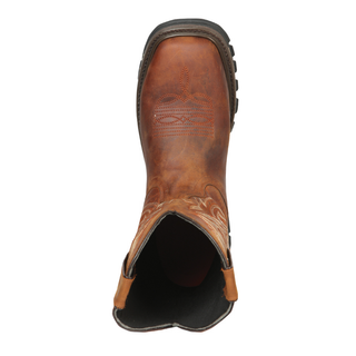 Brown leather boot with intricate design 