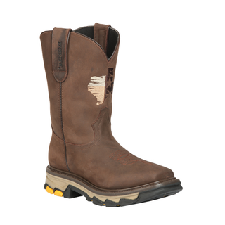 Brown work boot with stitched pattern