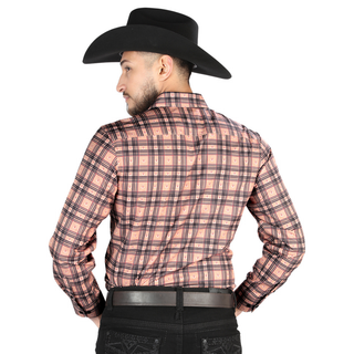 Back view of El General Men's Beige and Black  plaid Western button-down shirt 