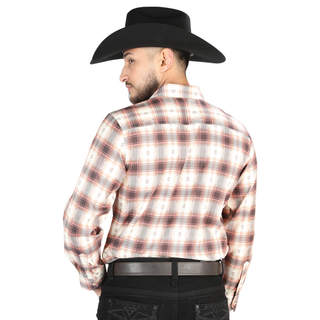 El General Men’s Orange and Beige plaid long-sleeve Western button-down shirt 