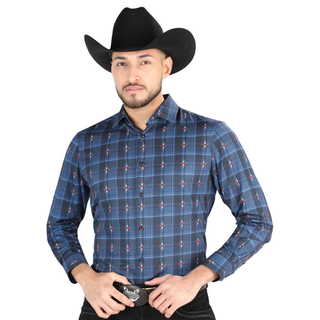 El General Men’s Mocha and Blue and Black long-sleeve Western button-down shirt